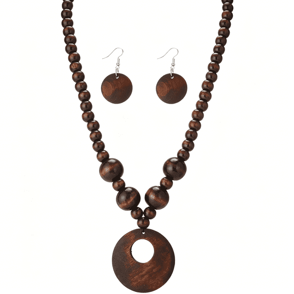 DESIGNICE Wooden Beaded Necklace and Earring Set for Women,Bohemian Chunky Statement Costume Jewelry,Round Drop Pendant Retro Ethnic Accessories Ladies Gift