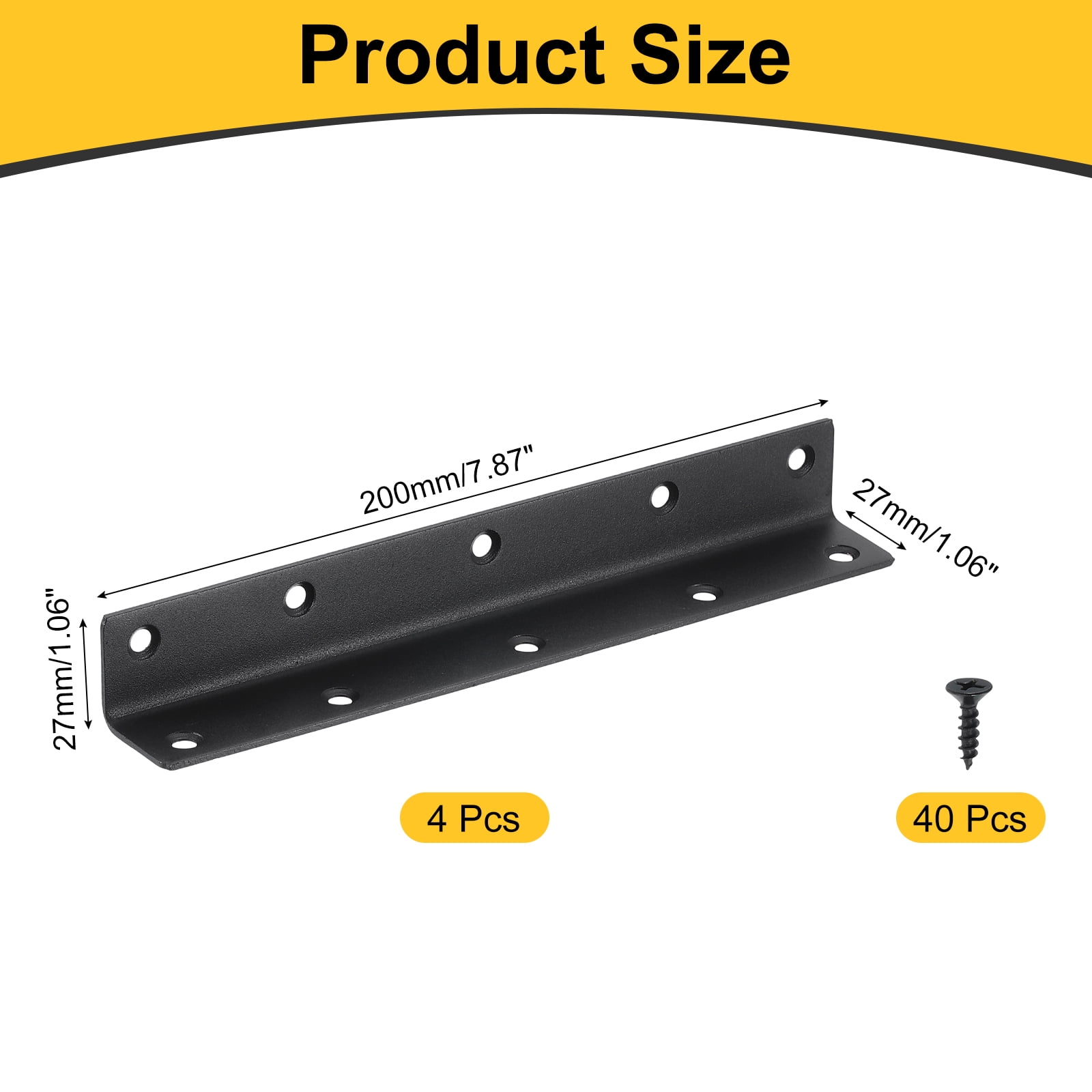 4Pcs L-Shaped Brackets Corner Brace, 1.06"x1.06"x7.87" Corner Bracket Shelf Bracket Right Angle Brackets for Wood Shelves Furniture (27x27x200mm, Black)