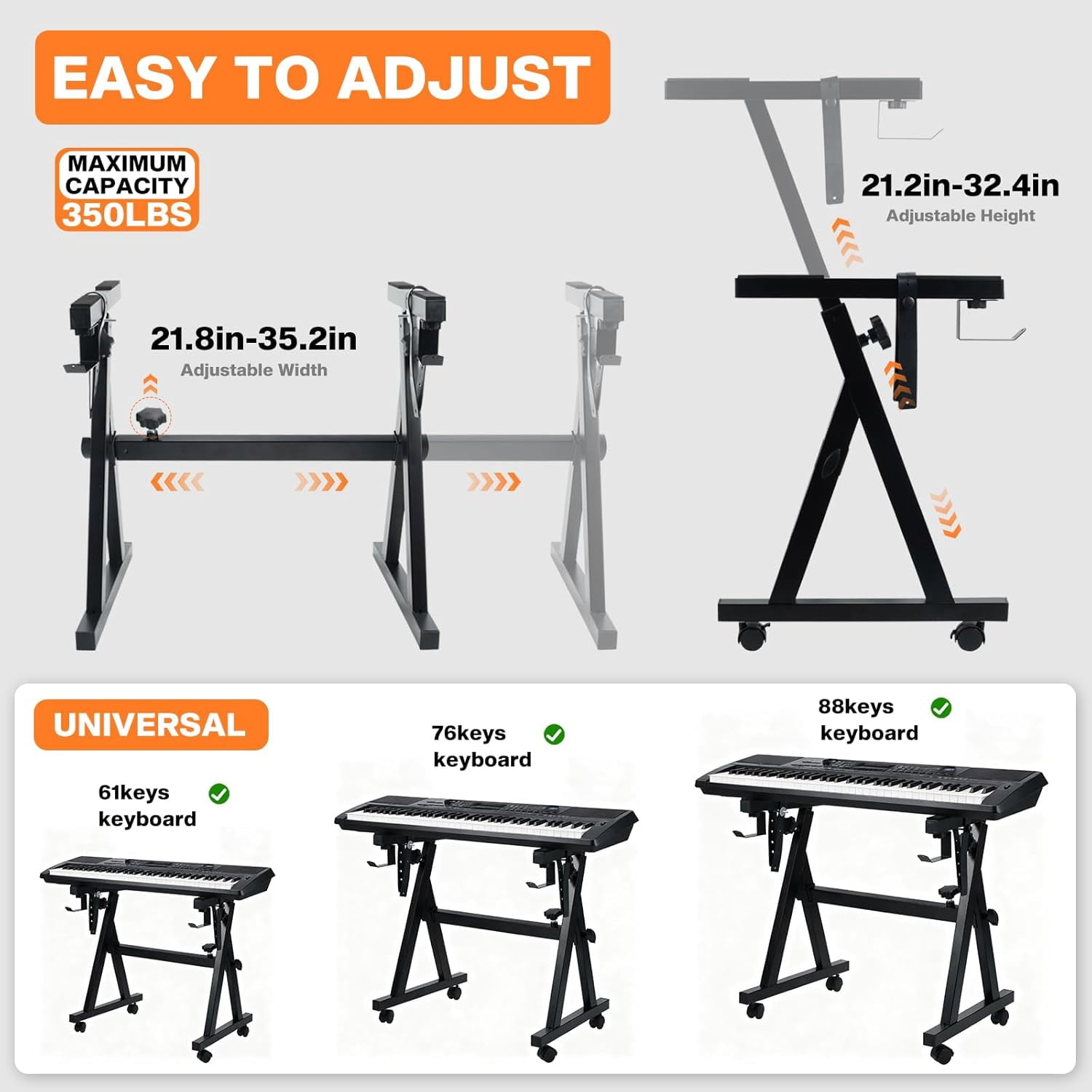 Style Adjustable and Portable Heavy Duty Music Stand with Wheels-Fits 54-88 Key Electric Pianos-Sturdy Musical Keyboard Stand for Practice & Performance