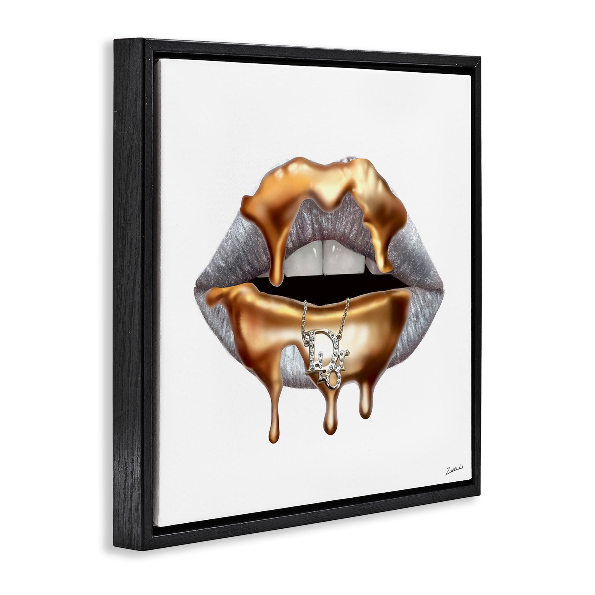 Stupell Industries Glam Silver Lip Gold Drip Beauty & Fashion Painting Black Floater Framed Canvas Art Print Wall Art, 18 x 18