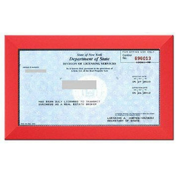 Real Estate License Certificate Wood Frame - 8.5 x 5.5 inches - Red Wood