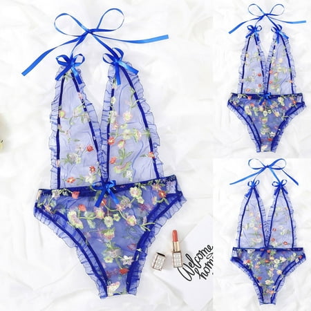 Blue Womens Underwear Frower Embroidery Lingerie Women Underwear Sleepwear Bodysuit Jumpsuit Teddy