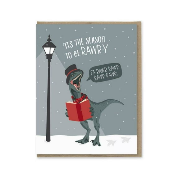 Tis the Season to be RAWR-y Dinosaur Holiday Card – Fun Christmas Card with Snowy Scene – Blank Inside, Cute Dinosaur Illustration – Perfect for Friends and Family