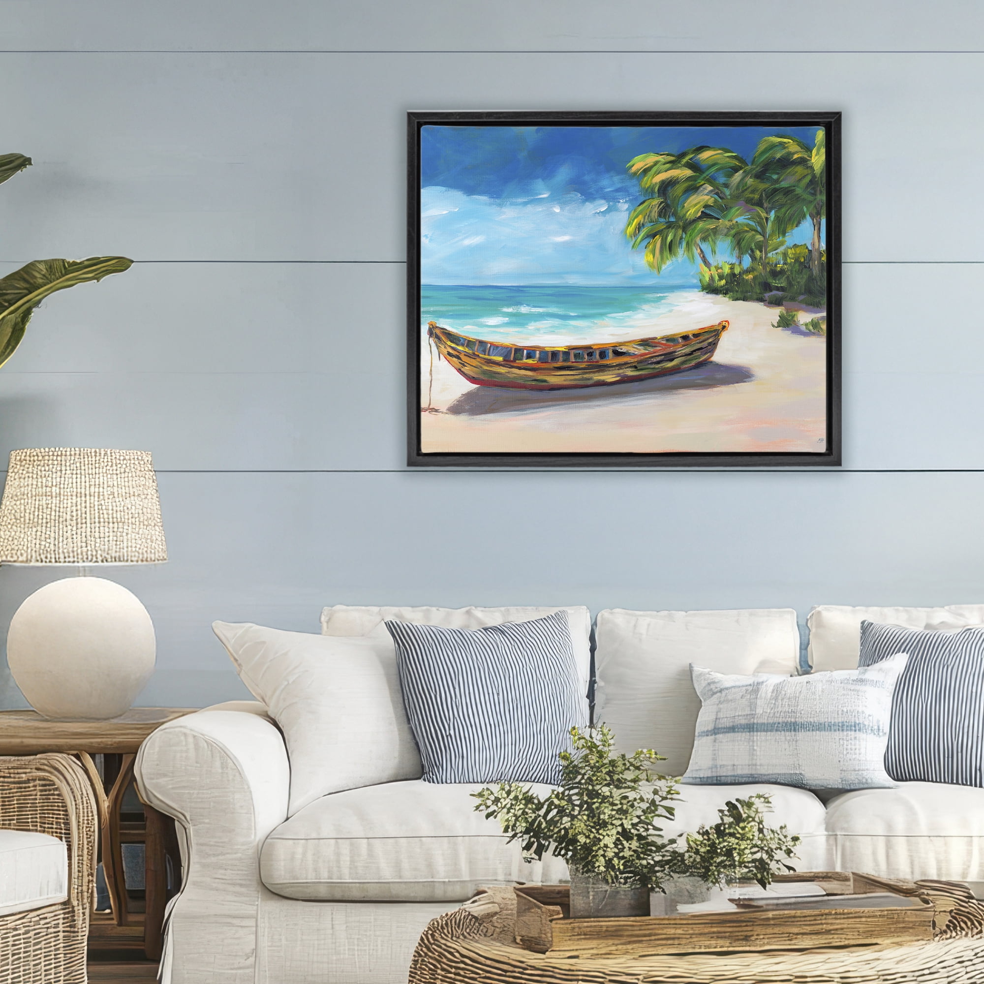 Stupell Industries Boat on Lost Island Black Framed Floater Canvas Wall Art, design by Julie DeRice