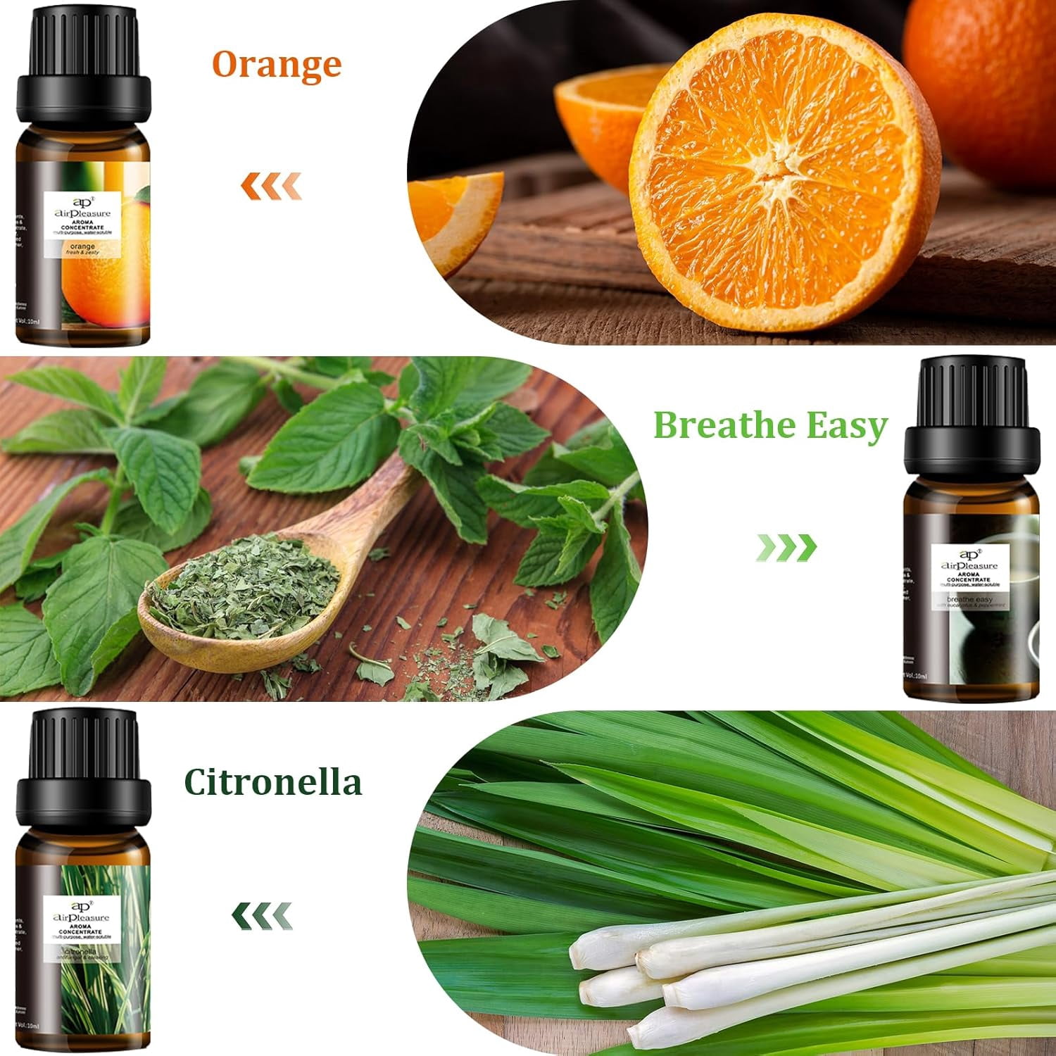 Refresh Essential Oils Set, 6x10ml Fragrance Oils Kit for Diffuser, Humidifier, Aromatherapy, Air Purifier - Orange, Breathe Easy, Citronella, Jasmine & Camellia, Lemon, Lavender