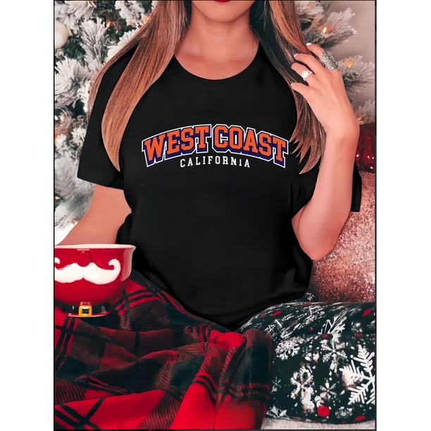 Camiseta De Mujer Verano Activewear Camiseta Básica Para Senderismo Deportes VacacionesChic Letter Print Women's T-Shirt - Casual Crew Neck, Short Sleeve, Stretchy Polyester Blend, Machine Washable