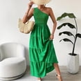 thumbnail image 6 of IUYRTFE Women's One-Shoulder Tiered Maxi Dress – Solid Green Flowy Long Gown for Summer Parties and Vacations, 6 of 7
