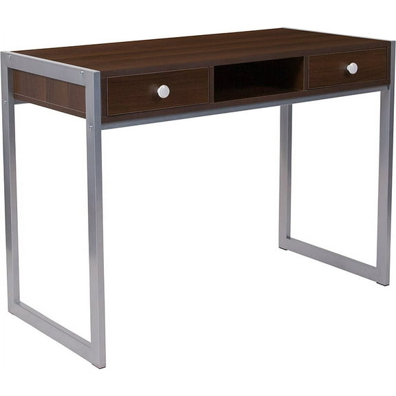 Dark Wood Grain Finish Desk with Silver Metal Frame