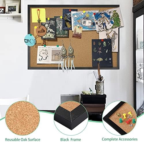 Jointown Cork Board Bulletin Board 23 x 15.7Inches with Rectangle Black Frame Hanging Pin for Walls Office Message Board or Vision Board Decoration