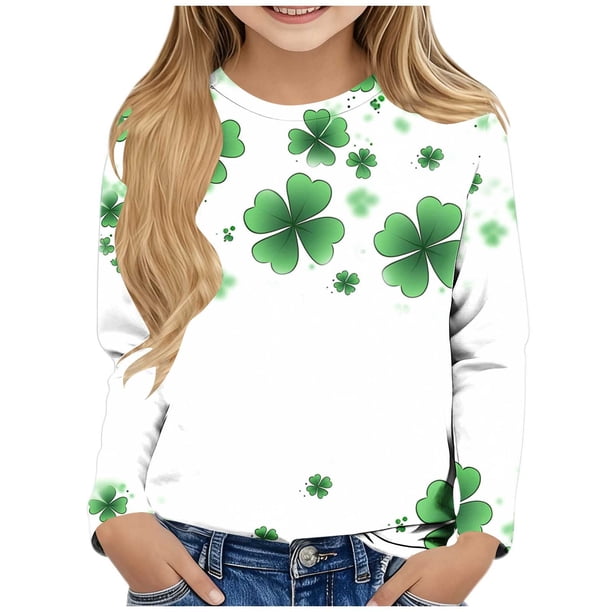 Blusas y camisas de manga larga con cuello redondo y estampado de San Patricio para niños, blusa informal de manga larga con cuello redondo, blusa de poliéster para niñas