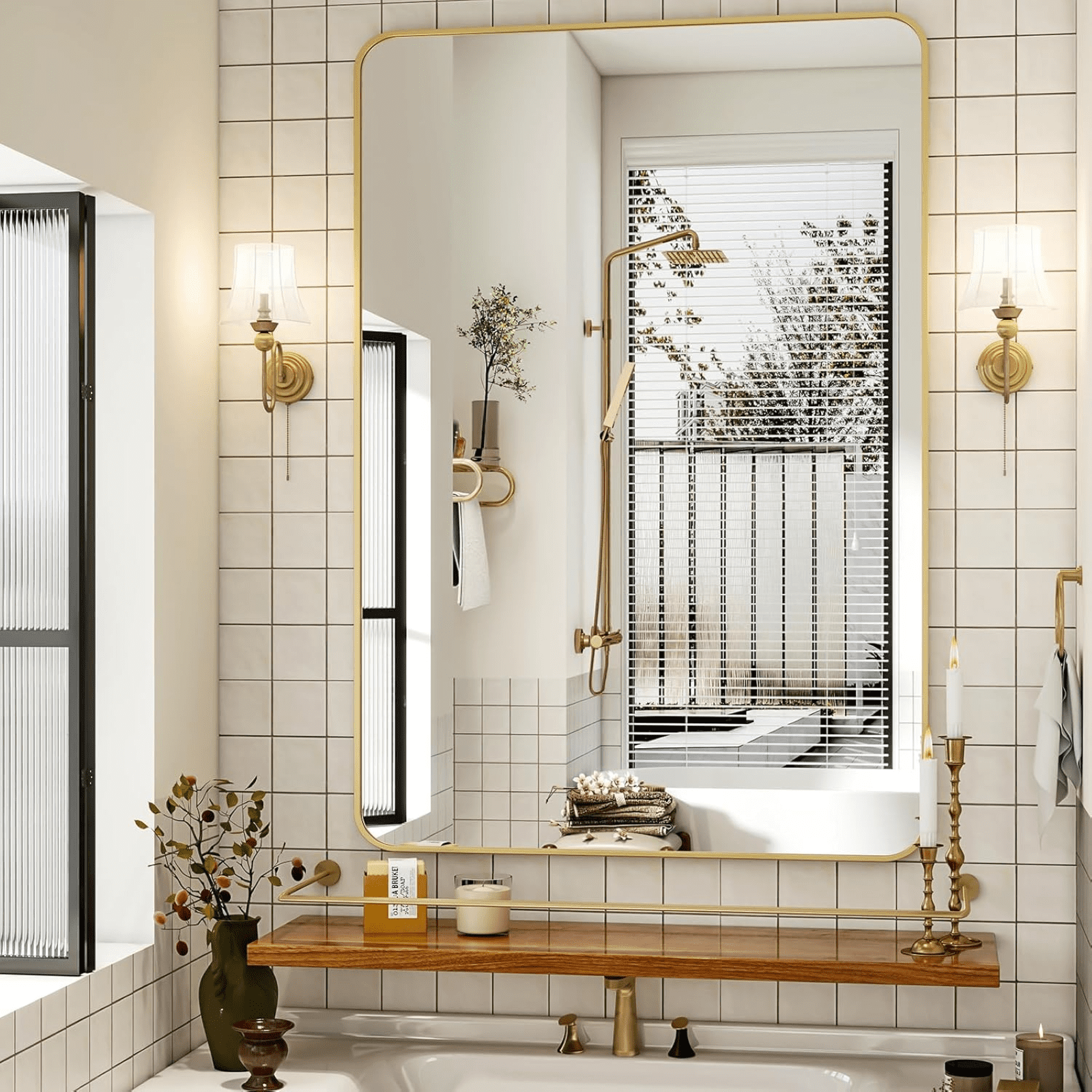 AUROMIR 30"x48" Bathroom Mirror Wall-Mounted Vanity Mirror with Rectangular Metal Frame, Gold