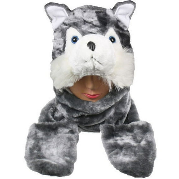 GREY WOLF Animal Hat Plush Fleece with Mittens cute warm winter gift USA Teens Adult