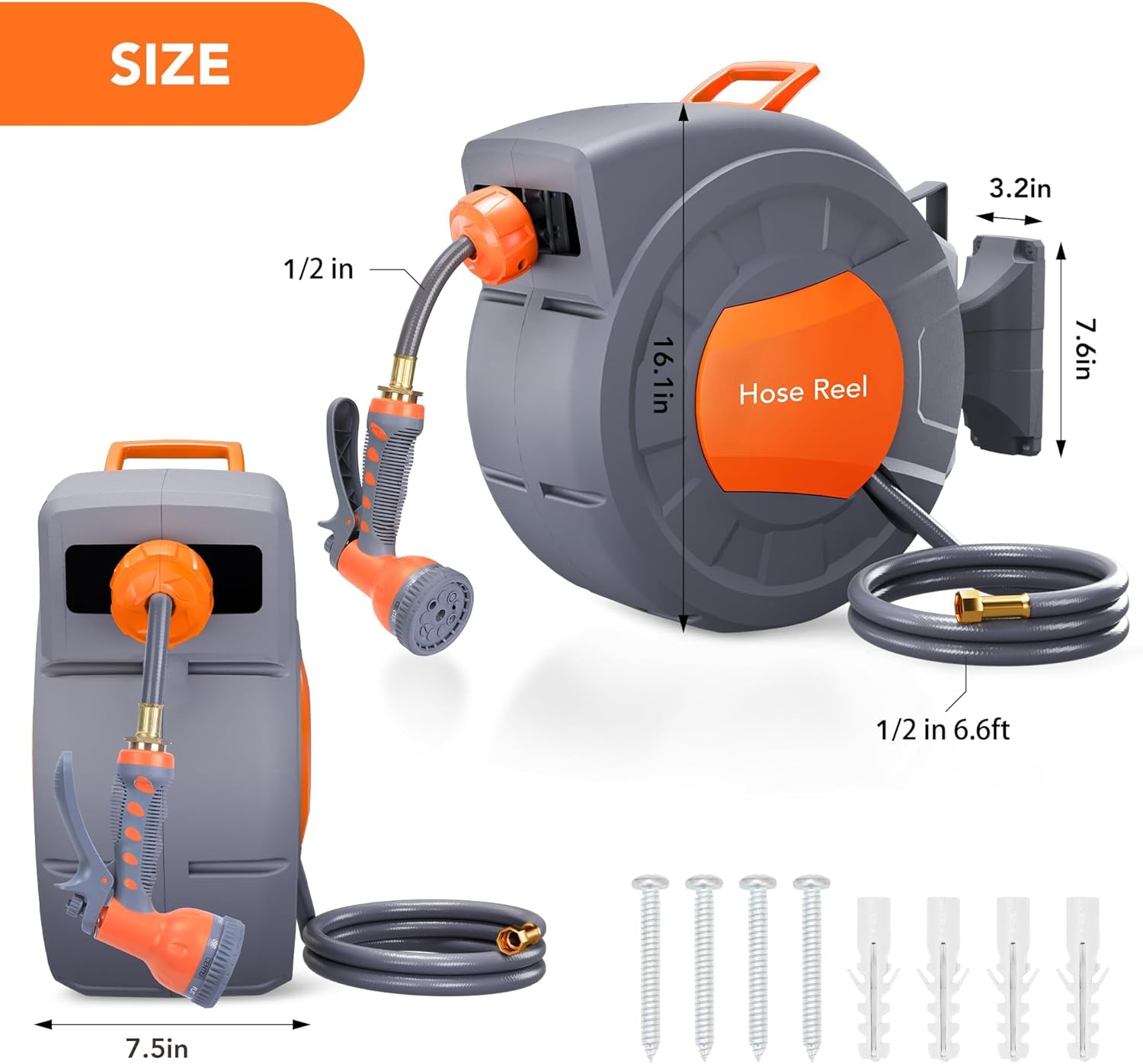 Trilenars 1/2 In x 65 Ft Garden Hose Reel,Retractable Garden Hose,Water Hose Reel With 9 Function Sprayer Nozzle,Automatic Rewind,180° Swivel Wall Mount,and Any Length Lock,65FT