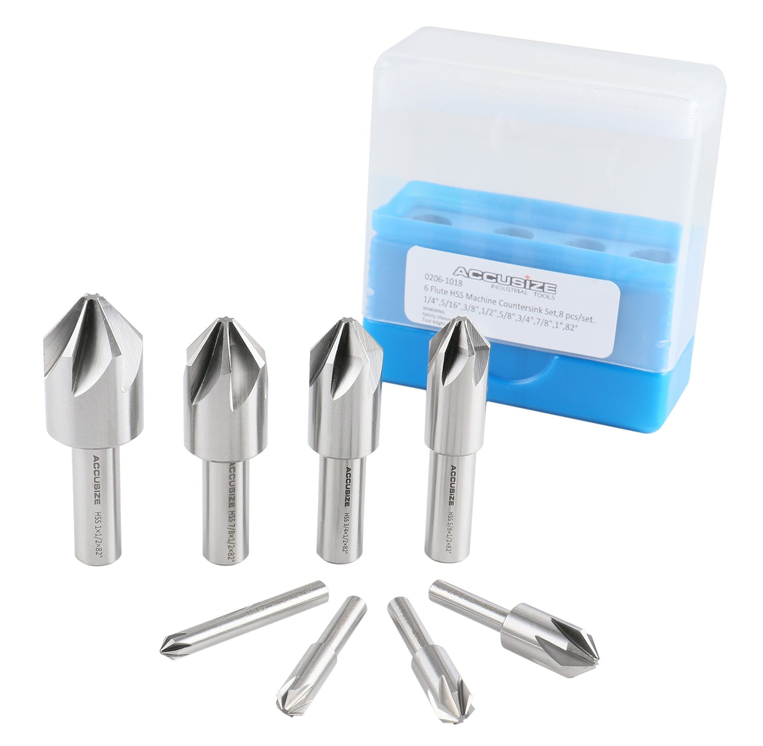 Accusize 82 Deg 6 Flute HSS Machine Countersinks, 8 Pc Set, 02061018