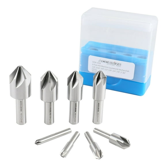 Accusize 82 Deg 6 Flute HSS Machine Countersinks, 8 Pc Set, 0206-1018