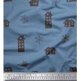 thumbnail image 1 of Soimoi Blue Velvet Fabric Snowflake & House Clip Art Print Fabric by the Yard 58 Inch Wide, 1 of 3
