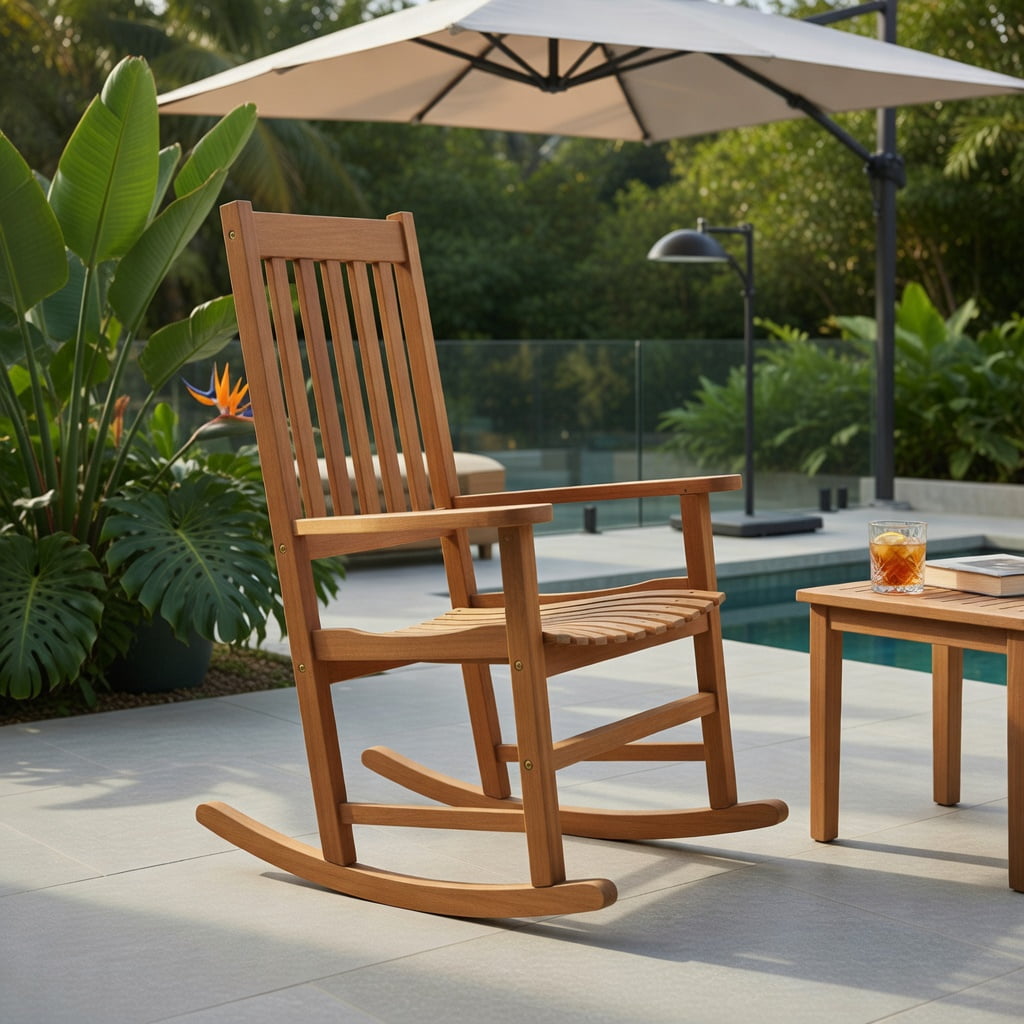 Hommoo Acacia Wood High-Back Rocking Chair for Indoor & Outdoor Use, Patio, Balcony & Backyard Comfort Chair, Natural