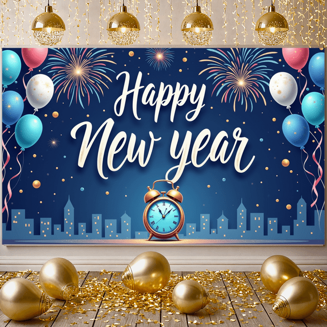 Decorative Design New Year Banner Colorful Theme Celebration Banner Balloon Decoration Fireworks Party Banner for New Year Party Festival Gathering Event