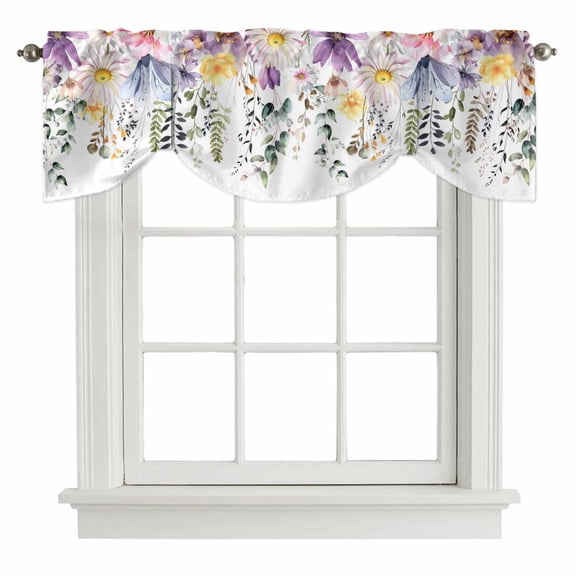Wild Flowers Tie Up Valance Curtains for Windows, Kitchen Curtains Window Treatments, Farmhouse Country Floral Leaf Plant Short Window Shades Valances for Bedroom Bathroom Cafe 54"x18"