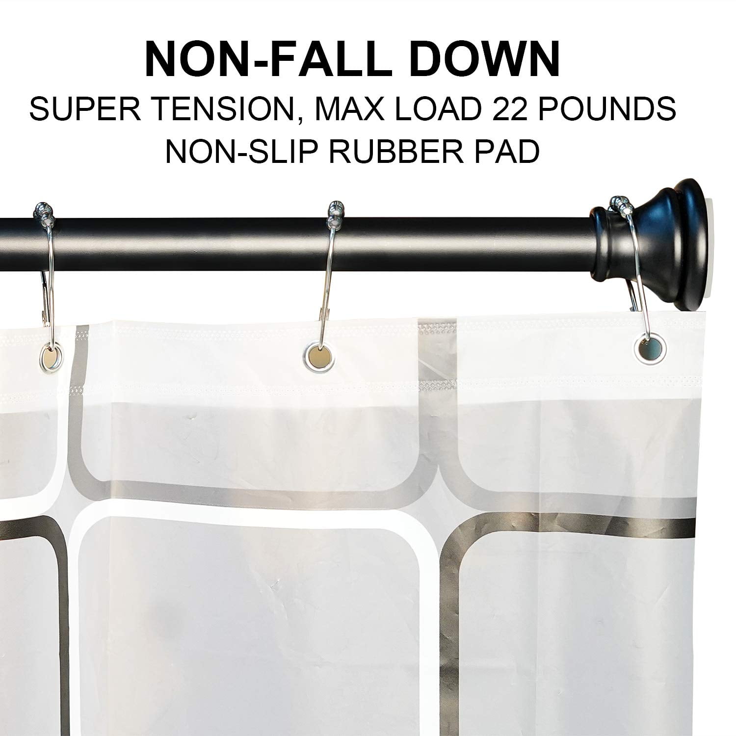 BloomFlower Black Shower Curtain Rod, 43-72 inches, Matte Black,Never Rust , Metal Rod,Tension Rod with Spring