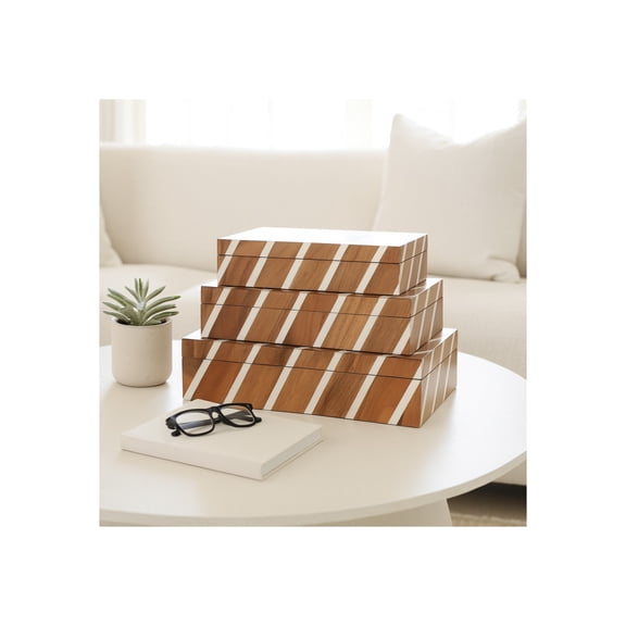 Decorative Diagonal Lines Boxes for House Decor - Storage Box with Lid for Jewelry and Home Organizer - Keepsake Boxes for Living Room or Coffe Table Decor - Set of 3, 4", 3", 3", Brown & Ivory