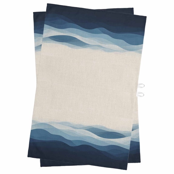 Blue Beige Ombre Kitchen Towels Set of 2, Water Absorbent Dish Towel, Minimalist Ocean Waves Linen Decorative Hand Towels - Quick Drying Cloth for Cooking Baking, 18x28 Inch