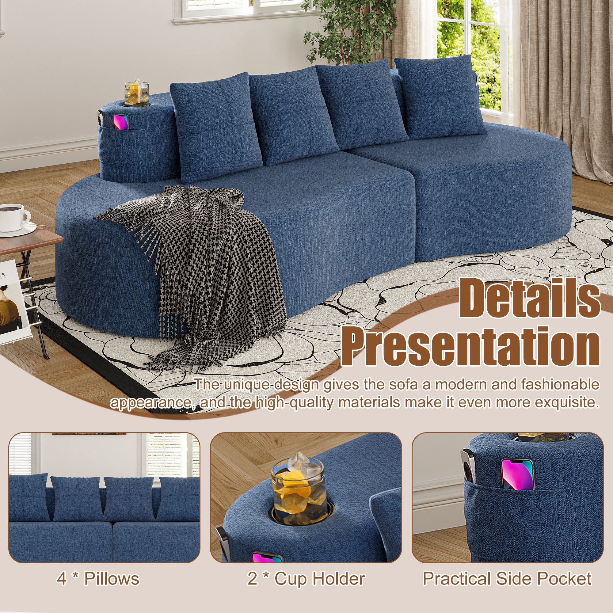 Sailvan Modern Curved Sectional 3 Seat Sofa,Minimalist Half Moon Modular Couch for Living Room,Office and Apartment,Soft Chenille Fabric Navy