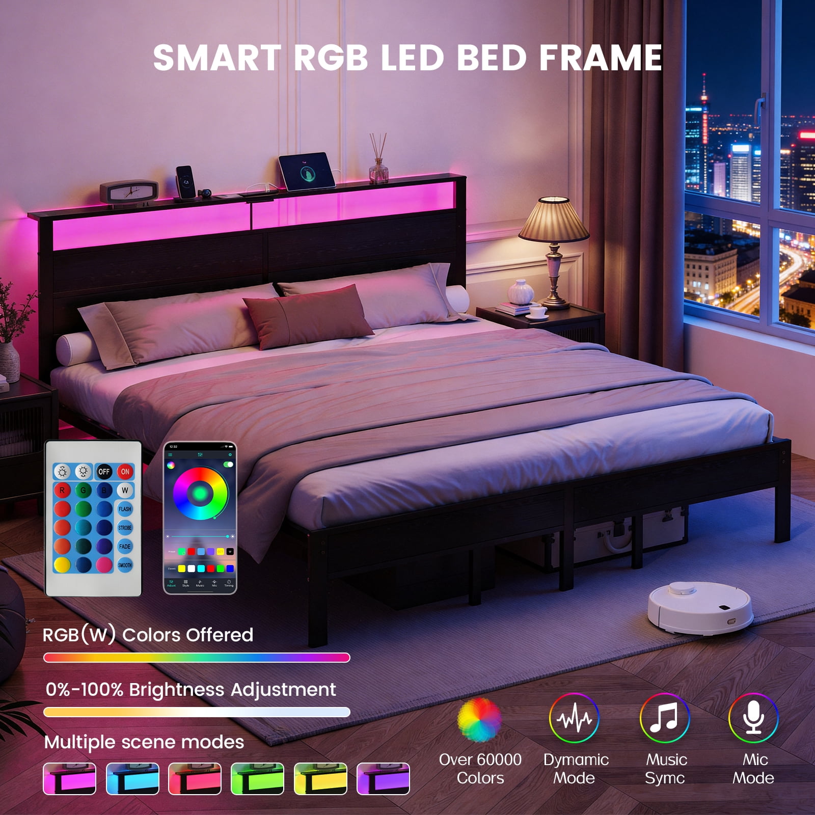 Kbun King Size Platform Bed Frame with Wood Headboard, Metal Bed Frame with LED Light, Heavy Duty Steel Slat Supported Full Bed Frames, No Box Spring Needed, Black