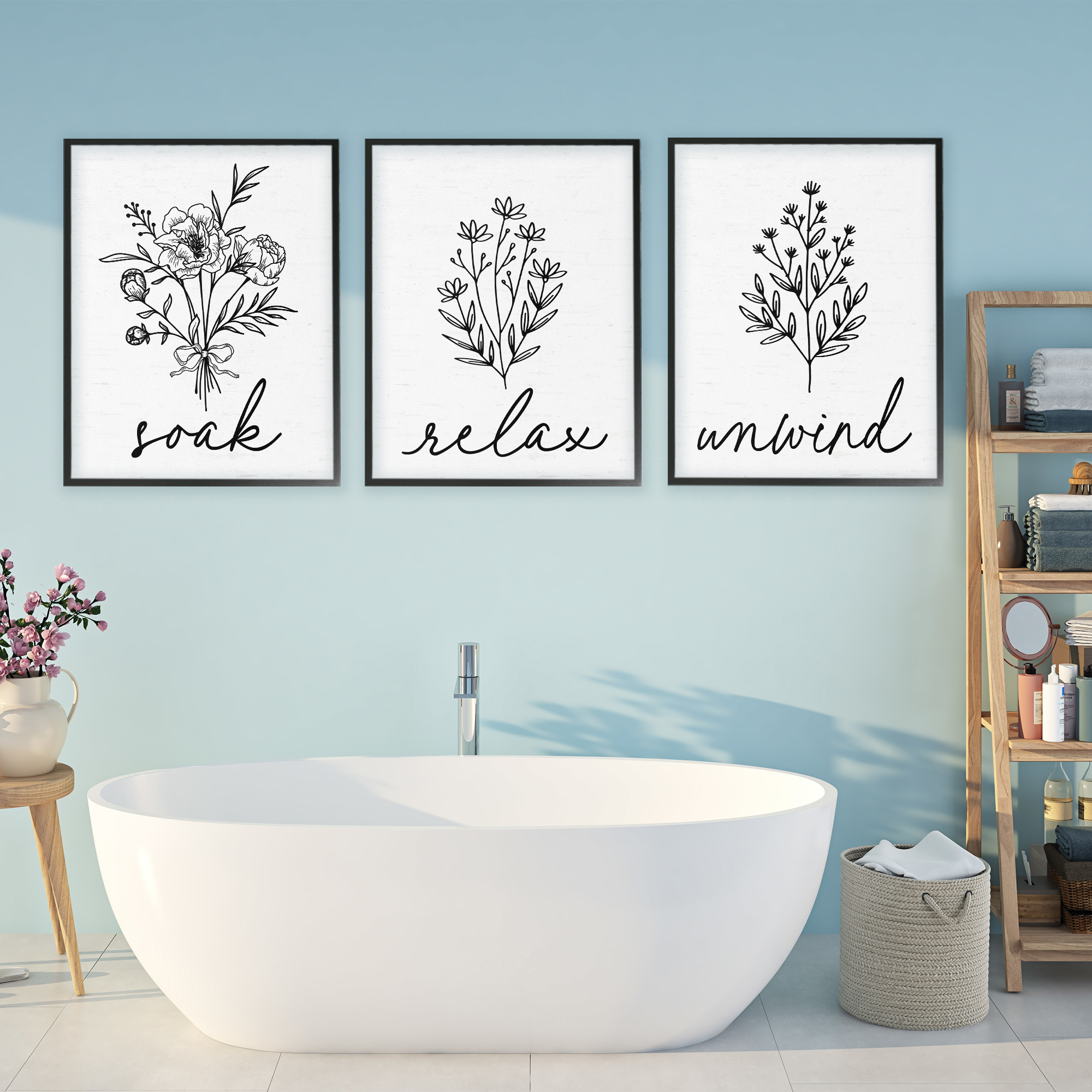 Bathroom Herbs for Relaxation 3 Piece Black Framed Giclee Art Set, design by Lettered and Lined