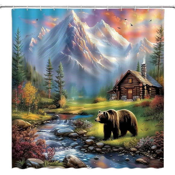 SDES-Rustic Bear Shower Curtain Cabin Wildlife Country Mountain Forest Lake Lodge Duck Farmhouse Fall Hunting Bathroom Curtains Decor Fabric Set Include Hooks,(70"" WX70 H), Brown Green