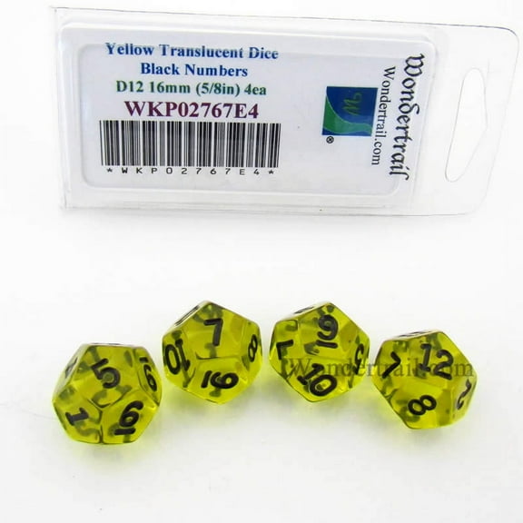 Yellow Transparent Dice with Black Numbers D12 16mm (5/8in) Pack of 4 Wondertrail
