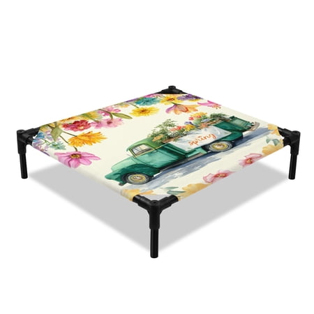 Spring Floral Elevated Dog Bed Oil Painting Flowers Watercolor Farm Blue Truck Cooling Breathable Outdoor Raised Dog Cot Bed with Metal Frame Non-Slip Feet for Small Dog 20x20in