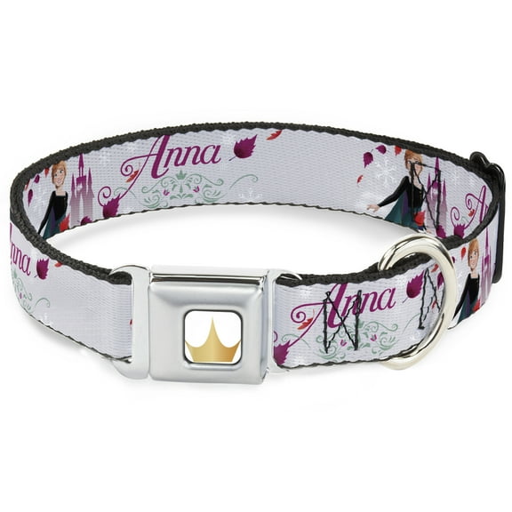 Disney Pet Collar, Dog Collar Metal Seatbelt Buckle, Frozen Anna Castle Pose with Flowers and Script Grays Pinks, 9.5 to 13 Inches 1.0 Inch Wide
