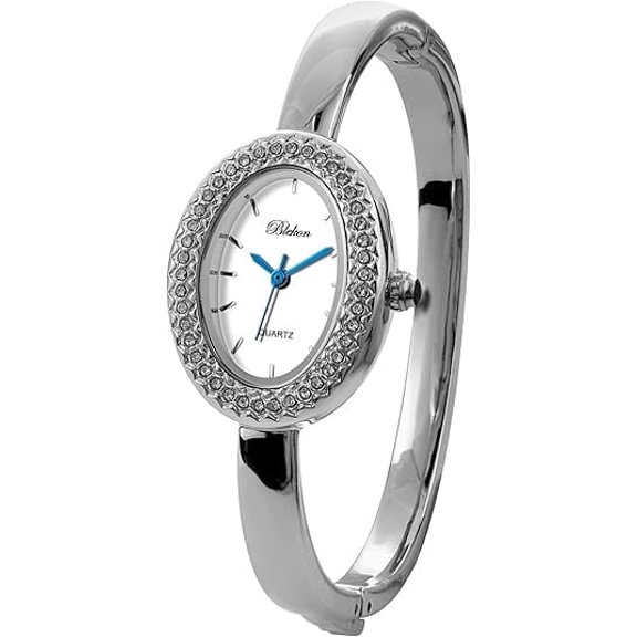 Original Women’s Oval Bangle Watch – Analog Quartz Rhinestone Bezel Wrist Watch with Hinged Cuff, Elegant Dress Watch for Women