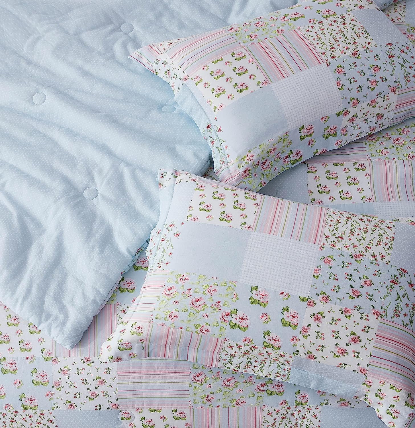 Chezmoi Collection Holly 3-Piece Washed Cotton Comforter Set Queen Size, Floral Bedding Set Blue White Pink Green Polka Dot Printed Patchwork Reversible Lightweight Comforter for All Season