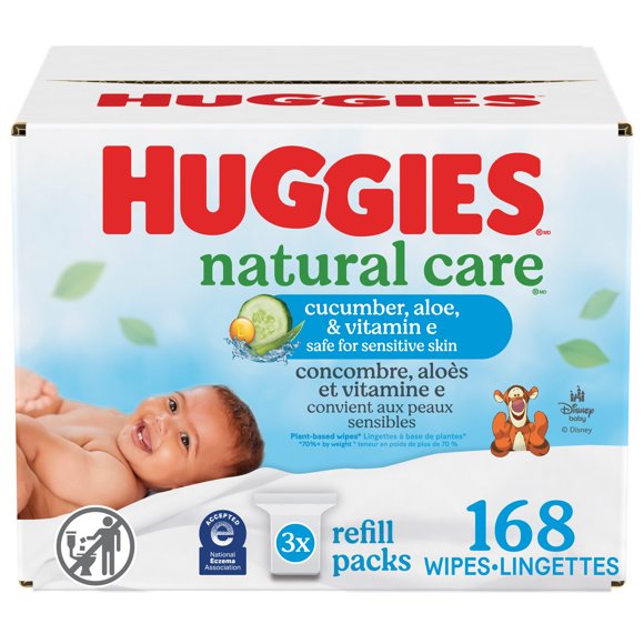 Lingettes pour bébés Huggies Natural Care Refreshing, PARFUMÉES, 3 emballages à couvercle rabattable, total de 168 lingettes