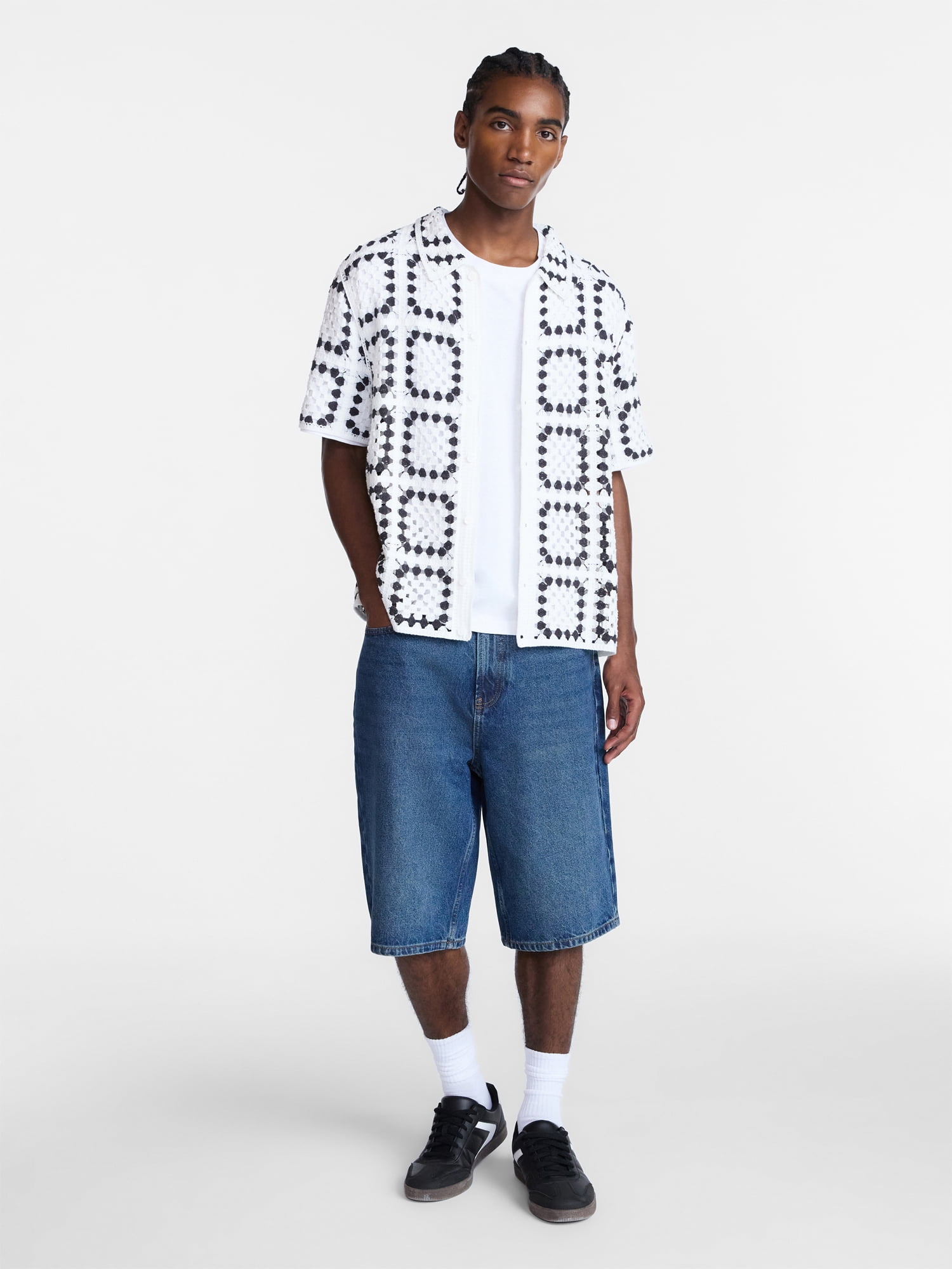 No Boundaries Men's Faux Crochet Pattern Boxy Fit Button Through Sweater Polo, Sizes XS-3XL