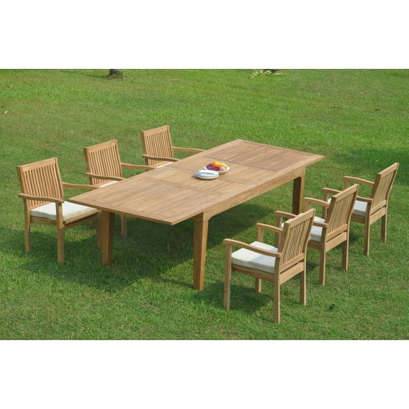 Grade-A Teak Dining Set: 6 Seater 7 Pc: 122" Caranas Double Extension Rectangle Table And 6 Leveb Stacking Arm Chairs Outdoor WholesaleTeak #WMDSWVm