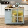 thumbnail image 2 of Montary Kitchen Island w/Drop Leaf, LED Light, 2 Fluted Glass & 1 Flip Door, Adjustable Shelf, 2 Drawers, Wheels, Grey Blue, 2 of 10