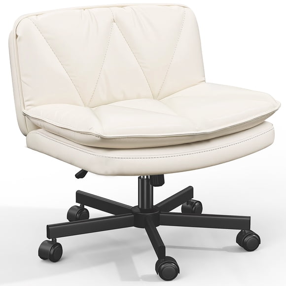 Exenoray Wide Armless Desk Chair with Wheels, Adjustable Swivel Office Task Chair, Upholstered Vanity Chair for Bedroom, Study or Home Workspace,White