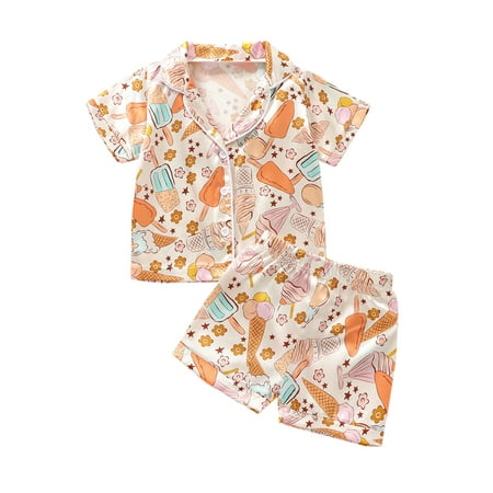 

Kids Girl Silk Pajamas Ice Cream Short Sleeve Button-Up Top Shorts 2PC Summer Satin Pajamas Set