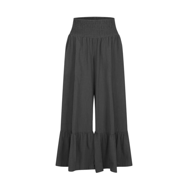 Women's Cotton Linen Flare Pants Elastic Waist Casual Plus Size
