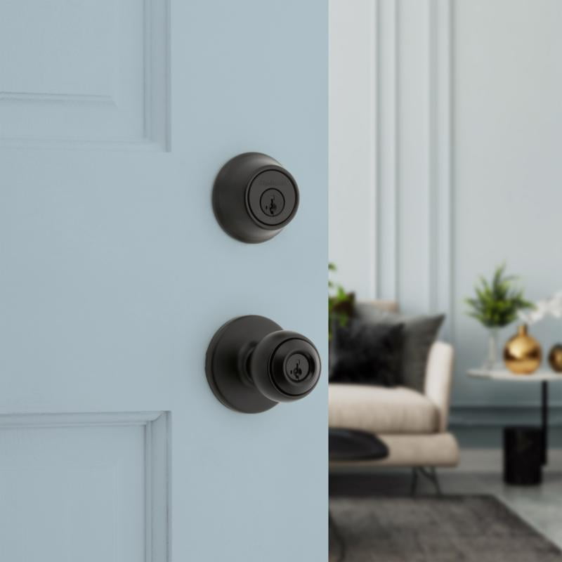 Kwikset Polo Traditional Matte Black Deadbolt and Entry Door Knob 1-3/4 in.