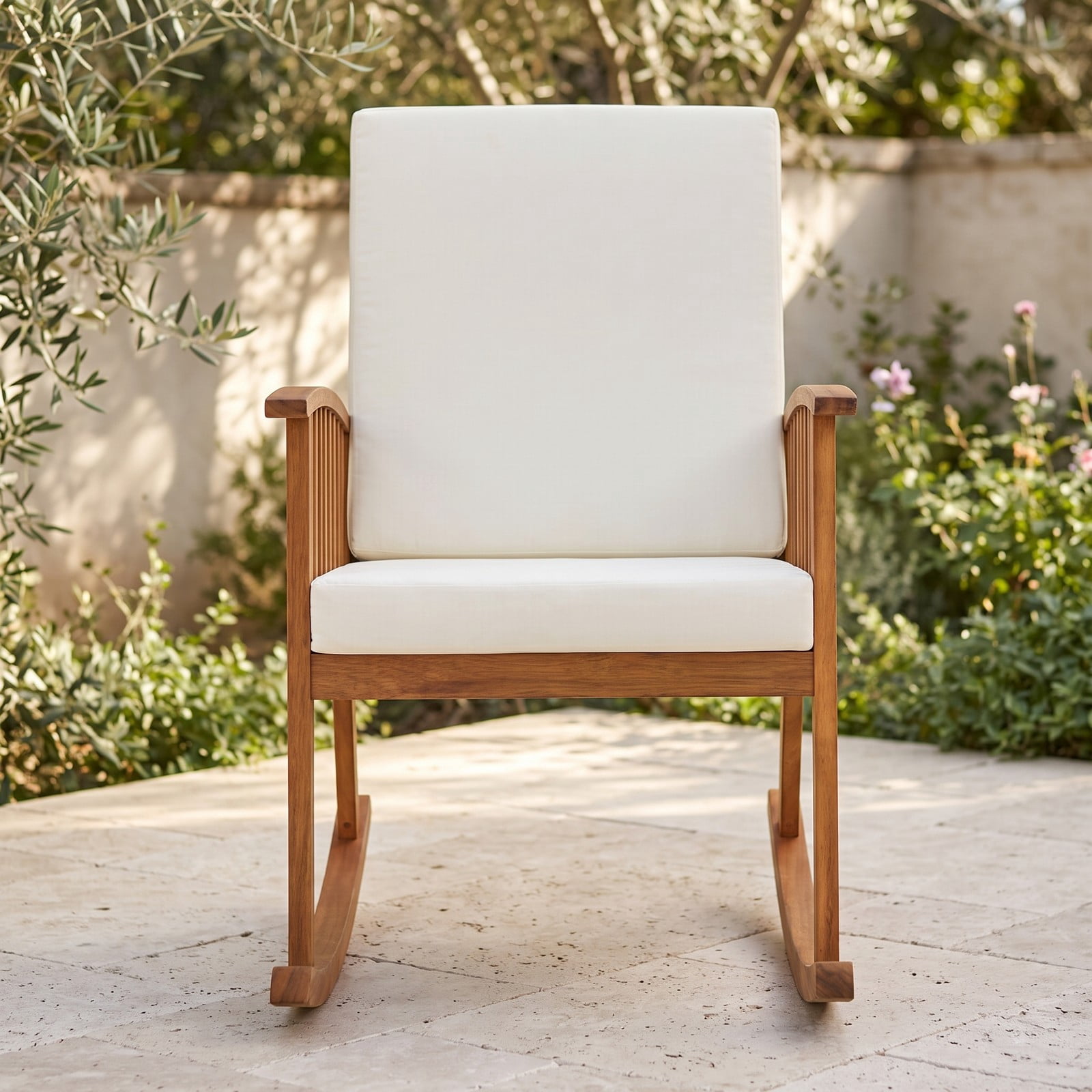 Furnibear Outdoor Acacia Wood Rocking Chair with Detachable Washable Seat and Back Cushions for Patio, Garden and Porch, Teak