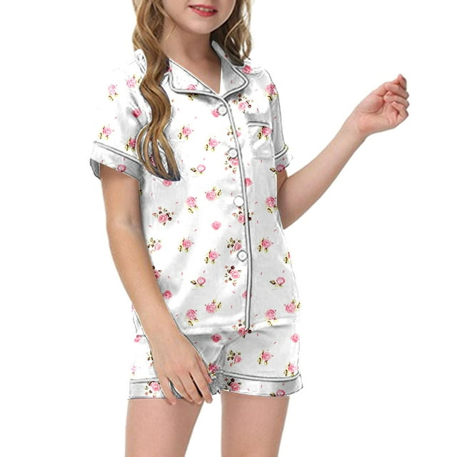 Rovga Tenues de Printemps pour Filles 6-7 Ans Couleur Unie Imprimés Graphiques Manches Courtes Col Rond Ensemble 2 Pcs Pyjamas pour Enfants Chemise à Boutons Shorts Ensemble de Pyjama Vêtements Mignons pour Filles Blanc