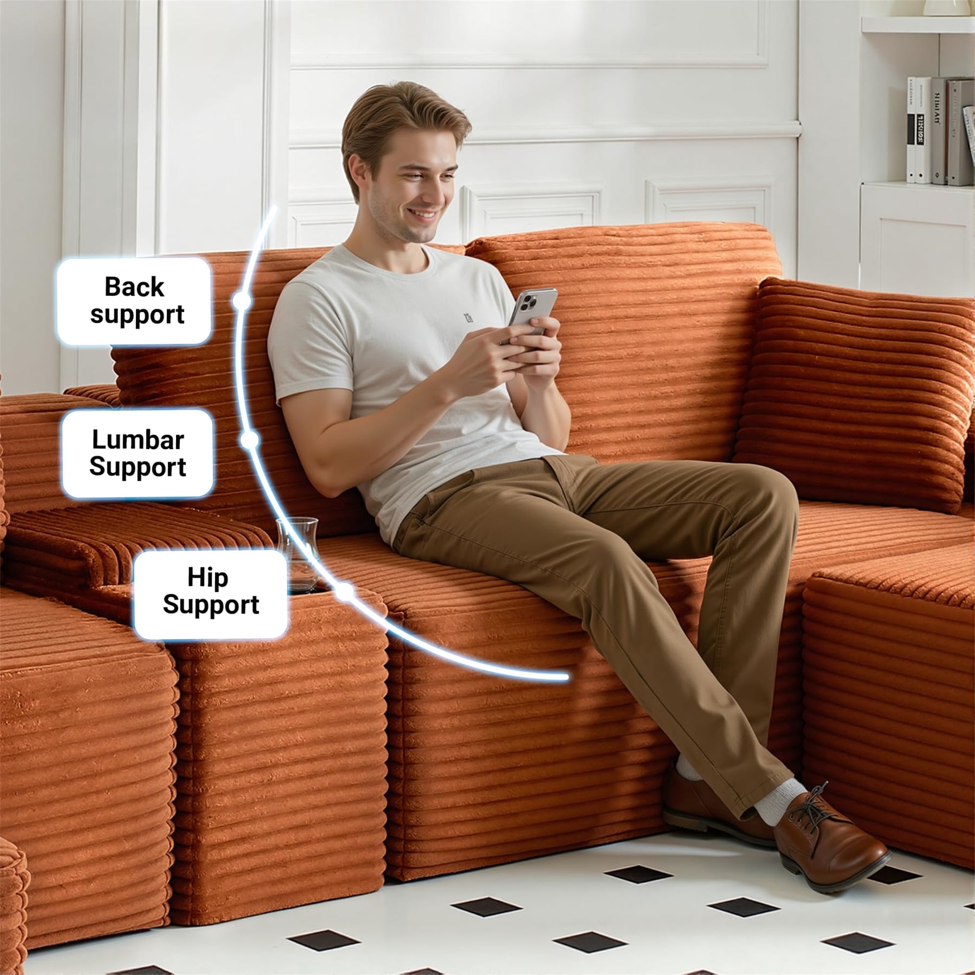 Aukfa 111" Cloud Sectional Sofa Deep Seat Boneless Couch with USB&Cupholdes Storage Console, Modular L-Shaped Couch for Living Room, Corduroy, Orange