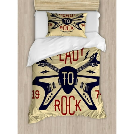 Classic Rock Duvet Cover Set Twin Size, Ready to Rock Saying with Flying V Guitar and Pick Vintage Print, Decorative 2 Piece Bedding Set with 1 Pillow Sham, Beige Ruby Night Blue, by