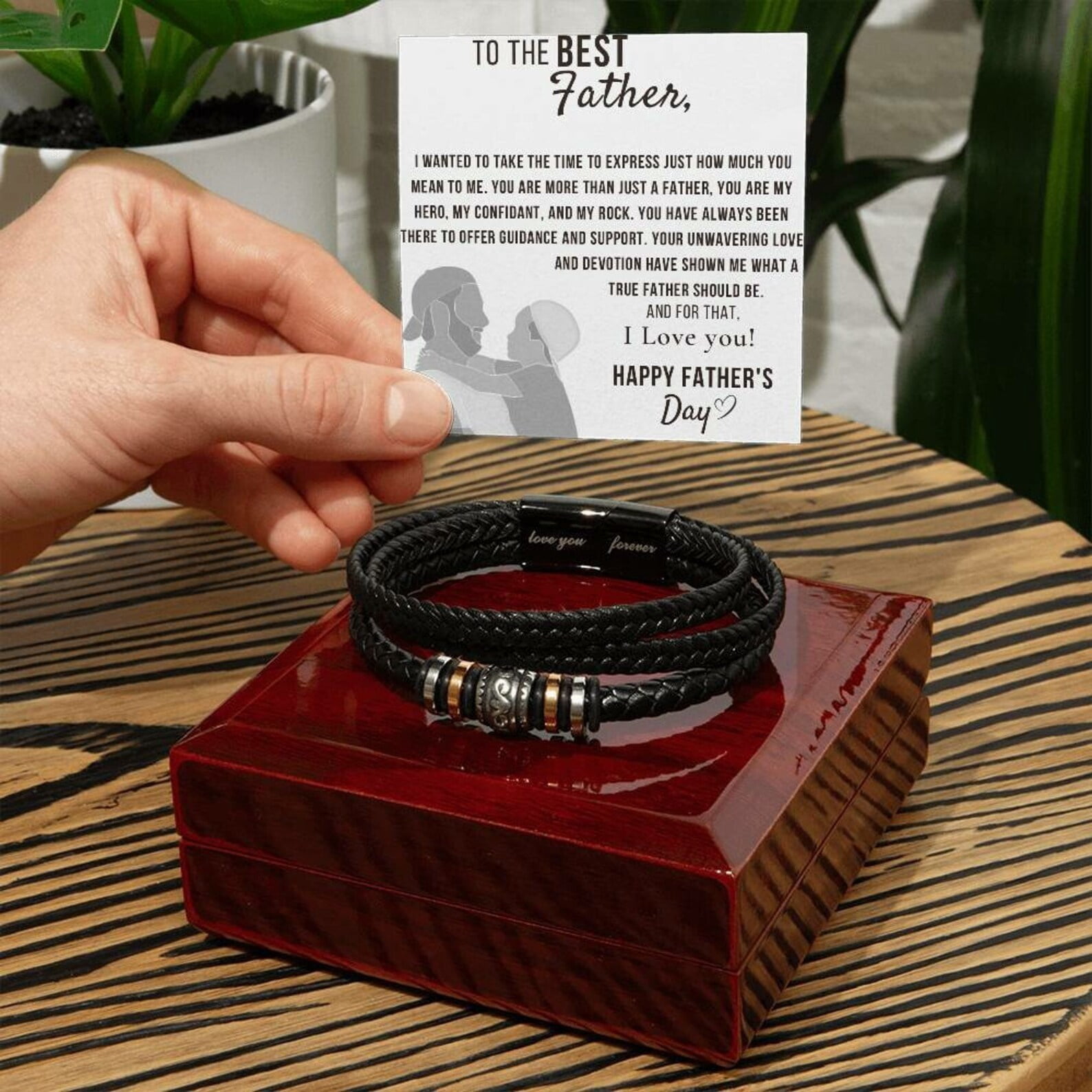 Father's Day Gift for Dad from Son, Special Dad Gift for Best Father, Personalized Vegan Leather Bracelet for Men in Luxury LED Box, Birthday Gift Bracelet with Message Card