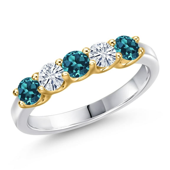 Gem Stone King 925 Silver and 10K Yellow Gold London Blue Topaz and White Moissanite Wedding-Bands Ring for Women | 0.98 Cttw | Round 3.5MM | Gemstone November Birthstone | Size 9