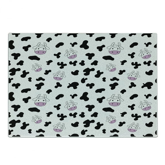 Cow Print Cutting Board, Animal Cow Hide Pattern Doodle Cartoon Drawing Farming Husbandry, Decorative Tempered Glass Cutting and Serving Board, Small Size, Black White Lilac, by Ambesonne